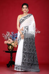 Black and White Bengal Jamdani Saree - All-Over Work Design - Craftyle