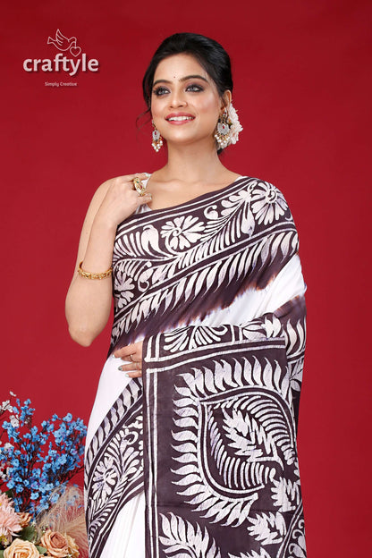 Black and White Soru Tuli Hand Batik Pure Cotton Saree - Craftyle