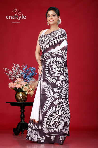 Black and White Soru Tuli Hand Batik Pure Cotton Saree - Craftyle