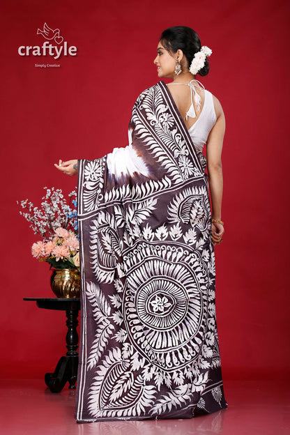 Black and White Soru Tuli Hand Batik Pure Cotton Saree - Craftyle