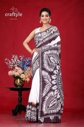 Black and White Soru Tuli Hand Batik Pure Cotton Saree - Craftyle