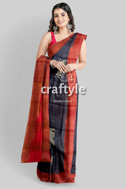 Black Elephant Design Pure Tussar Saree with Zari Border - Hand Block Print - Craftyle