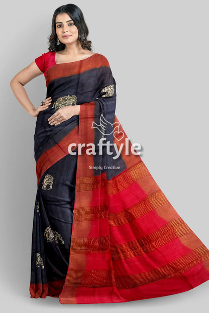 Black Elephant Design Pure Tussar Saree with Zari Border - Hand Block Print - Craftyle