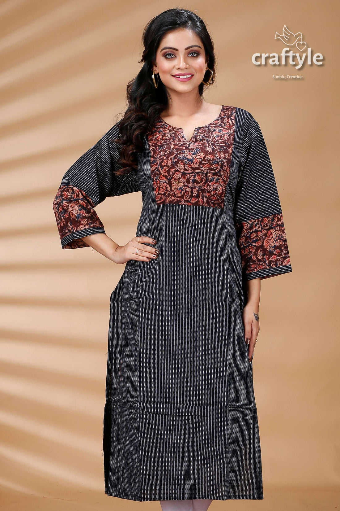 Black Kalamkari Print Cotton Designer Kurti for Women - Craftyle