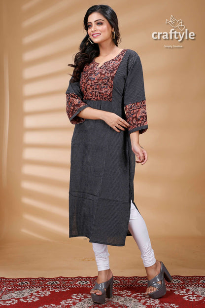 Black Kalamkari Print Cotton Designer Kurti for Women - Craftyle