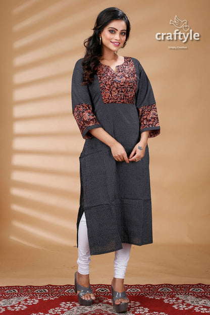 Black Kalamkari Print Cotton Designer Kurti for Women - Craftyle