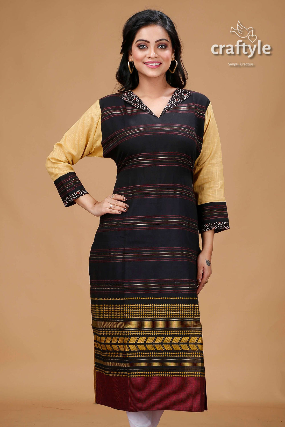 Black with Multicolor Cotton Weaved Kurti for Women - Craftyle