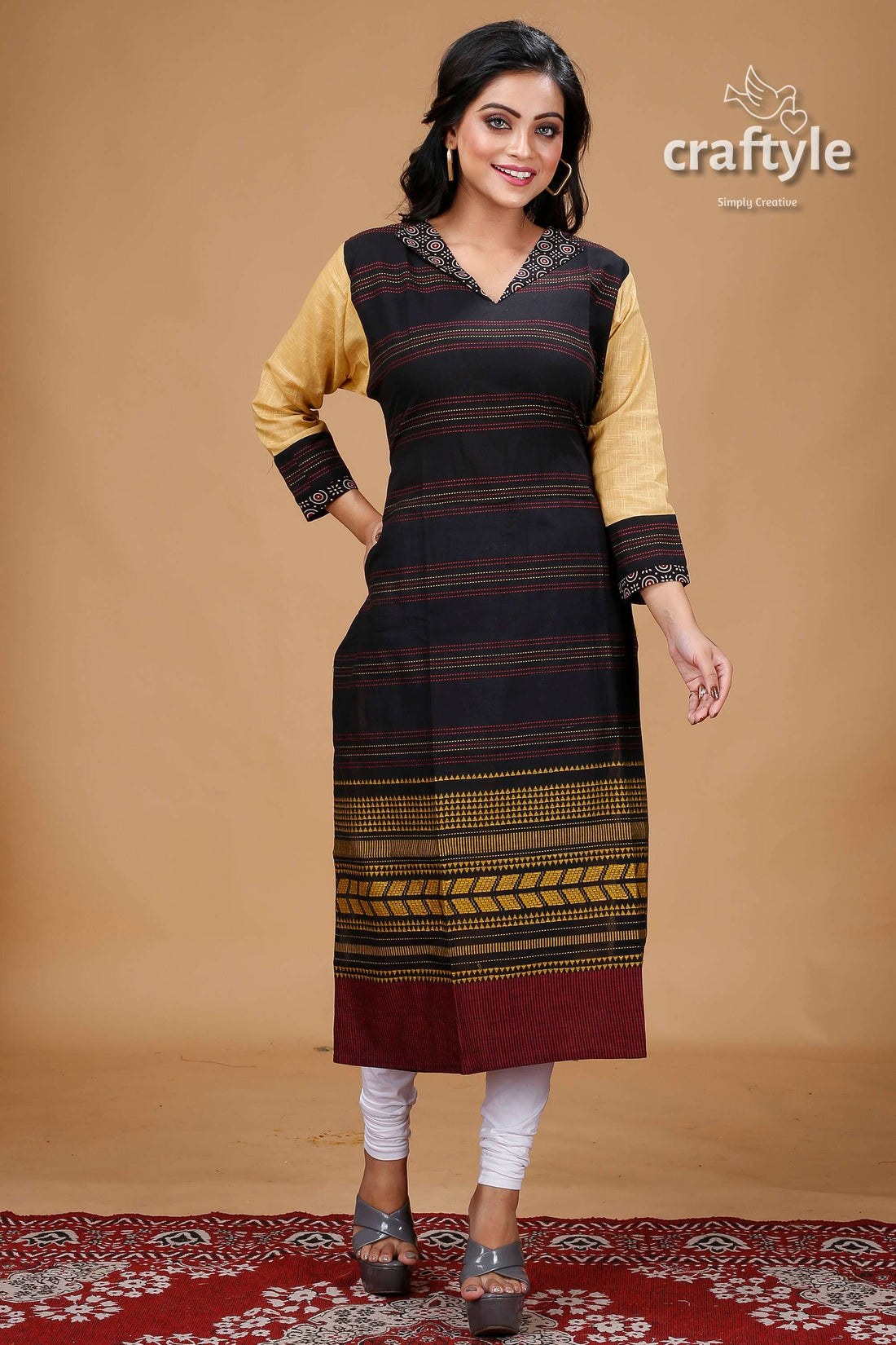 Black with Multicolor Cotton Weaved Kurti for Women - Craftyle