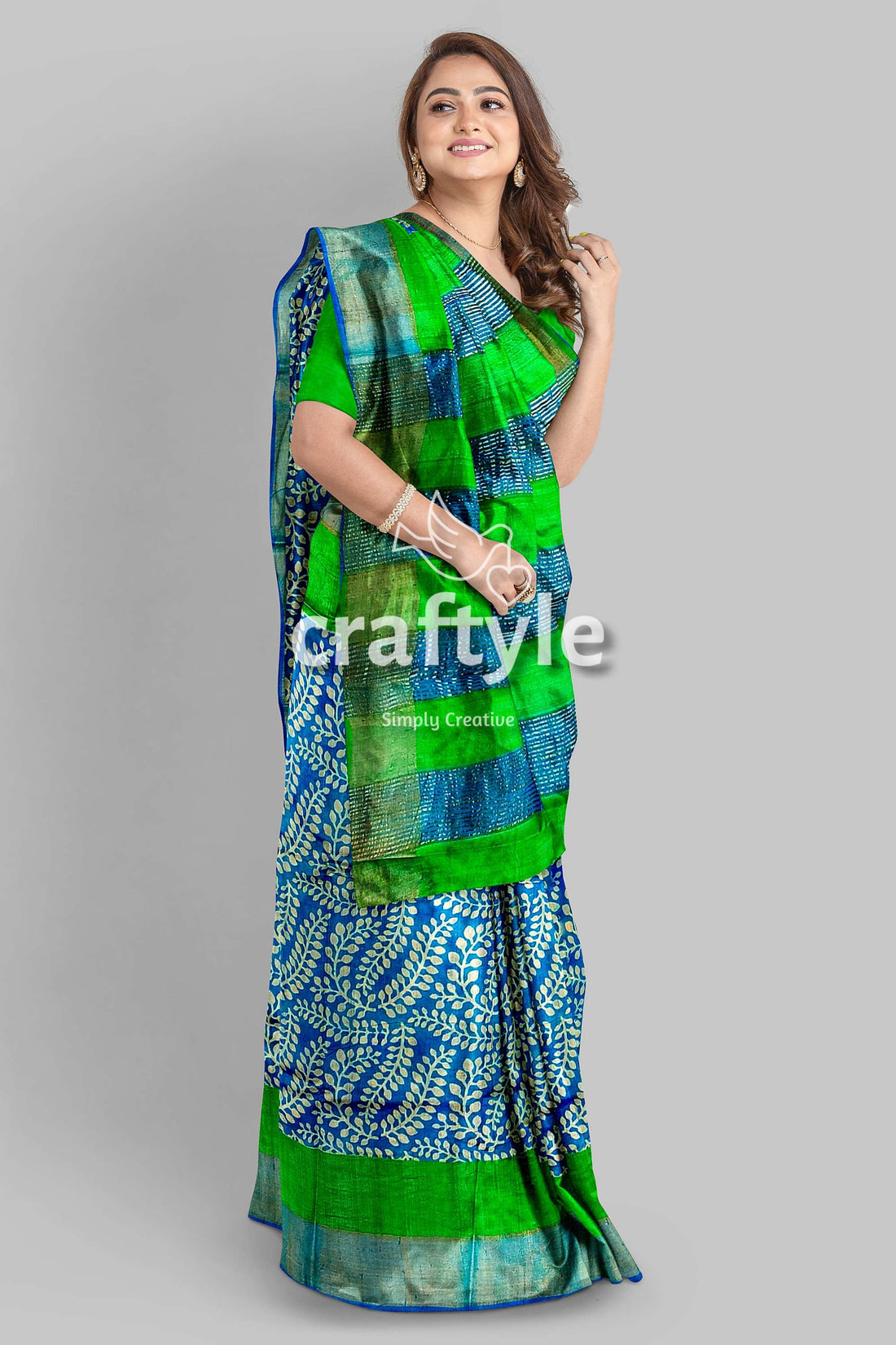 Blue and Green Hand Block Print Pure Tussar Saree with Zari Border - Craftyle