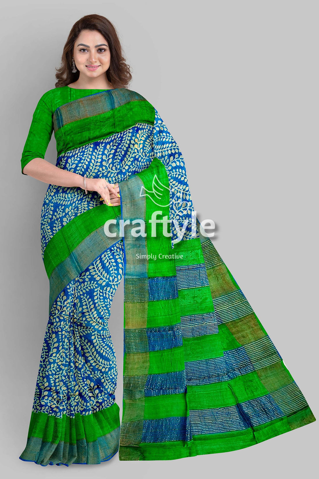 Blue and Green Hand Block Print Pure Tussar Saree with Zari Border - Craftyle