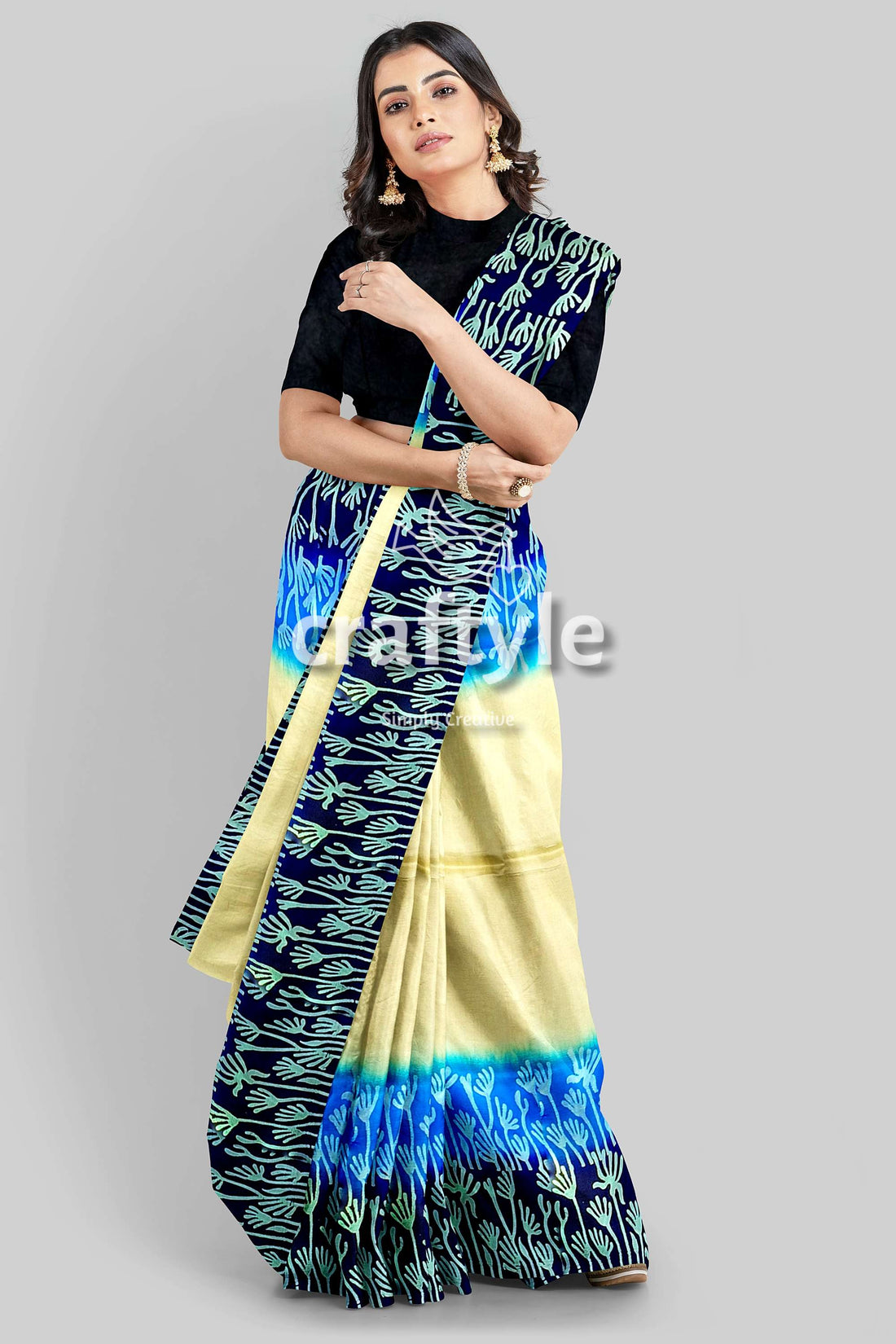 Blue Cream Mulberry Pure Silk Saree with Hand Block Print - Exquisite Indian Silk Saree - Craftyle