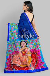 Blue Lotus Motif Ma Durga Painted Hand Batik Pure Mulberry Silk Sare - Craftyle