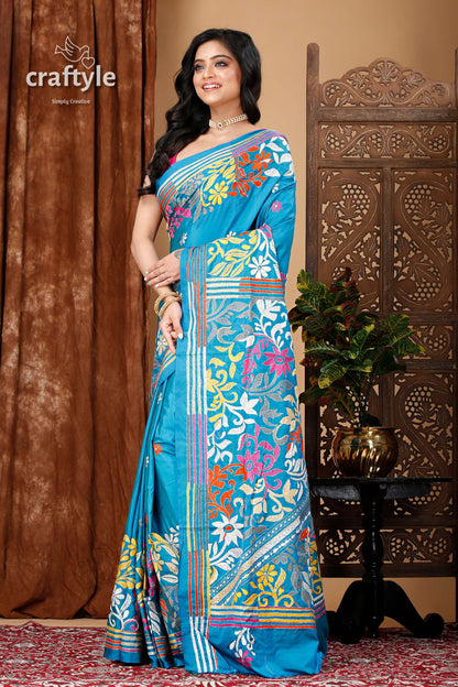 Boston Blue Floral Exclusive Kantha Silk Saree - Craftyle