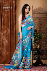 Boston Blue Floral Exclusive Kantha Silk Saree - Craftyle