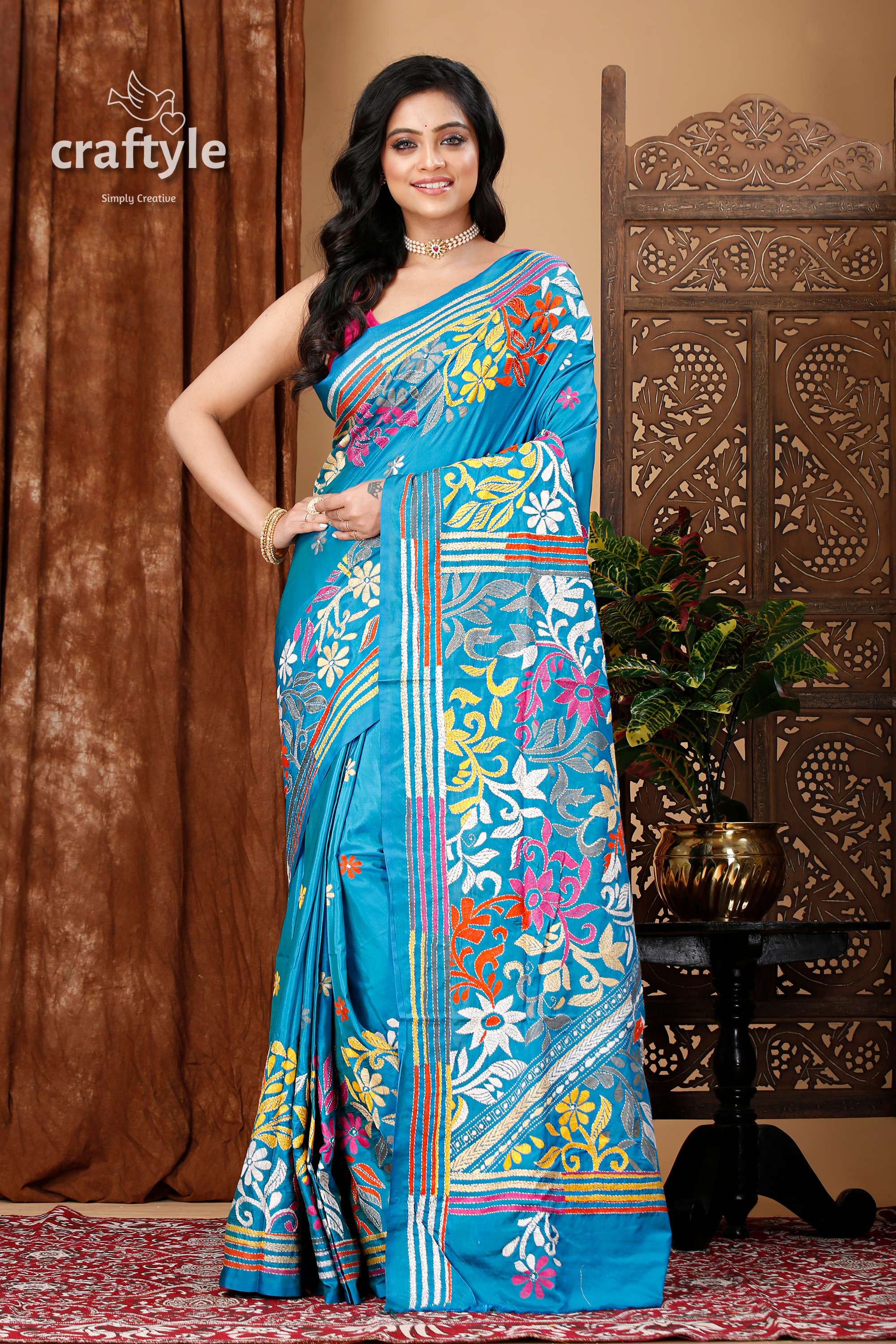 Boston Blue Floral Exclusive Kantha Silk Saree - Craftyle