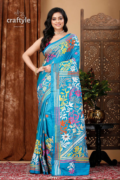 Boston Blue Floral Exclusive Kantha Silk Saree - Craftyle