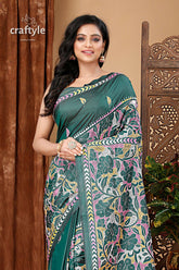 Bottle Green Floral Kantha Stitch Saree - Reverse Stitch - Craftyle