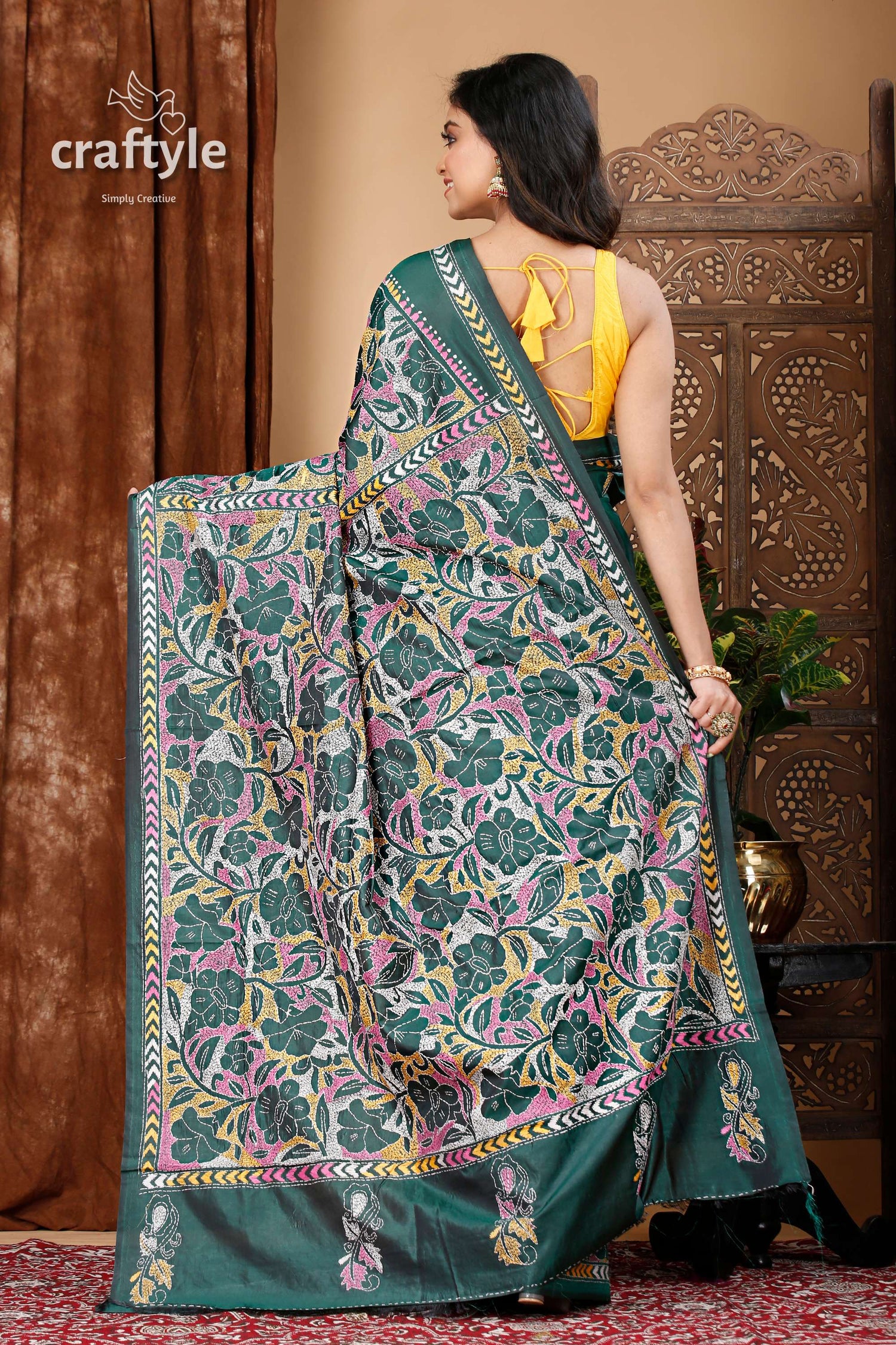 Bottle Green Floral Kantha Stitch Saree - Reverse Stitch - Craftyle