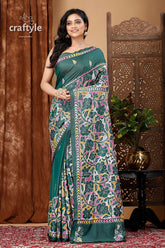 Bottle Green Floral Kantha Stitch Saree - Reverse Stitch - Craftyle