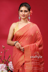 Brick Red Bhagalpuri Soft Ghicha Silk Saree with Golden Zari Border - Craftyle