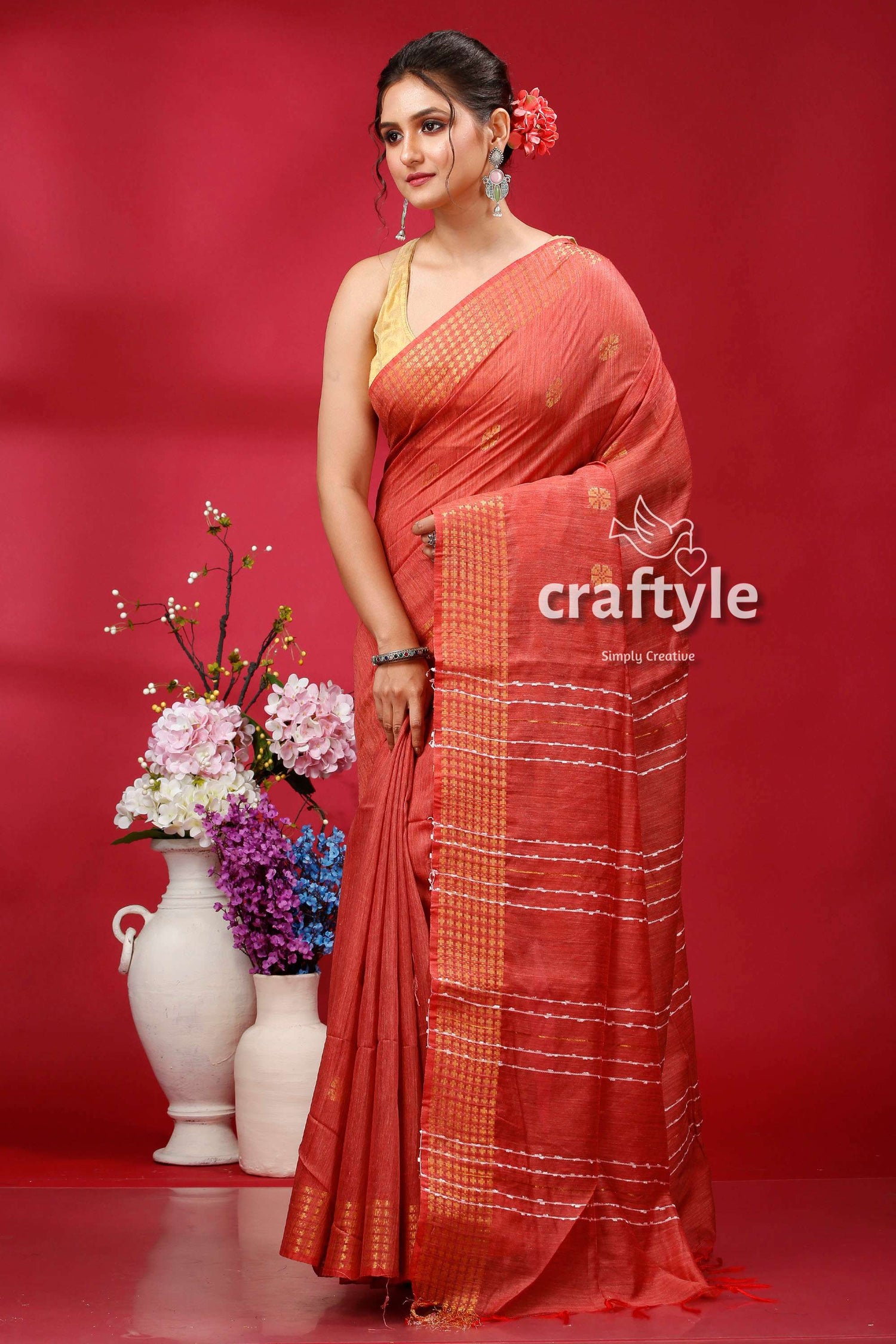 Brick Red Bhagalpuri Soft Ghicha Silk Saree with Golden Zari Border - Craftyle