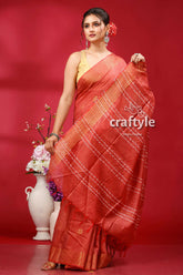 Brick Red Bhagalpuri Soft Ghicha Silk Saree with Golden Zari Border - Craftyle