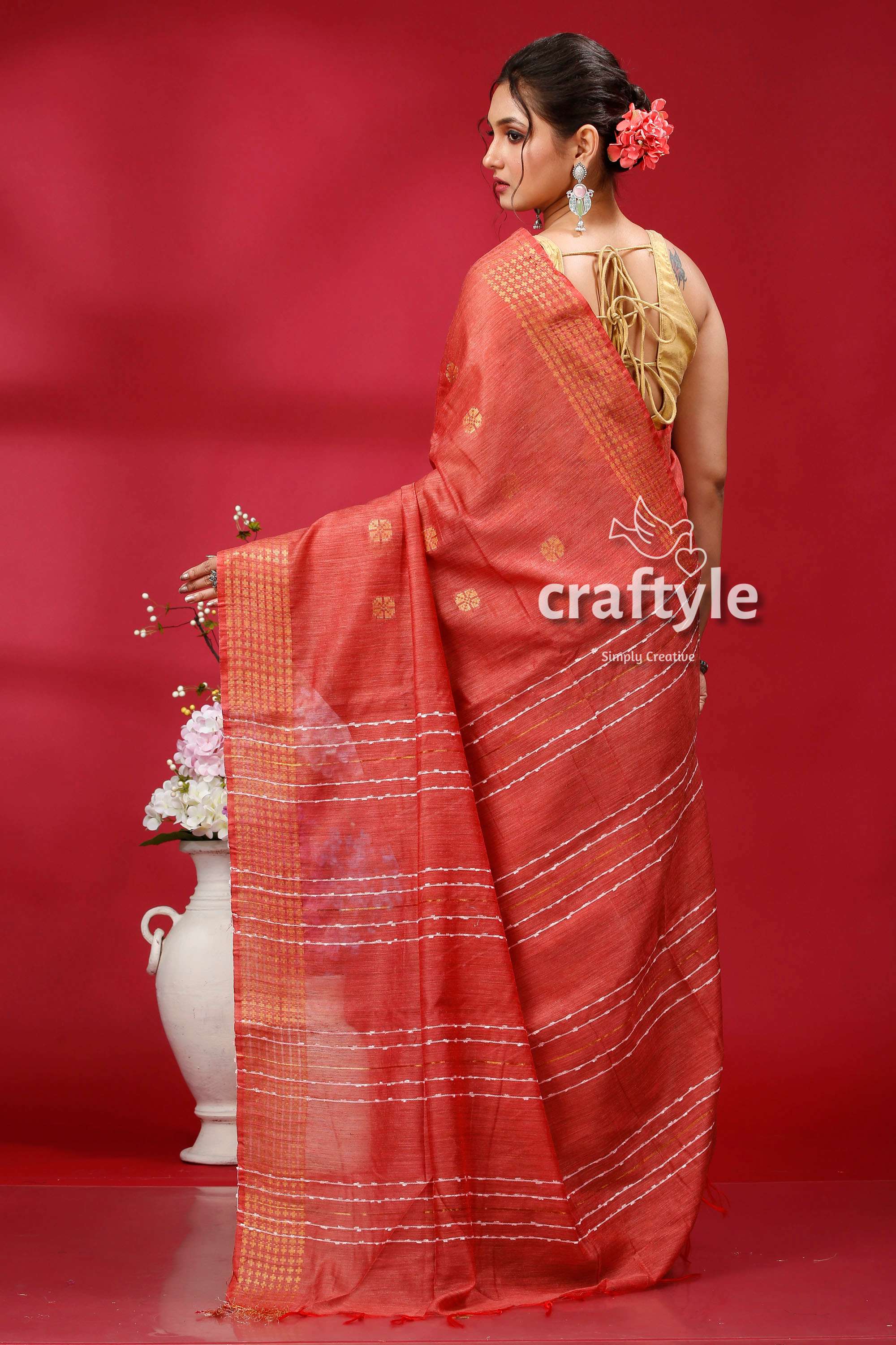 Brick Red Bhagalpuri Soft Ghicha Silk Saree with Golden Zari Border - Craftyle