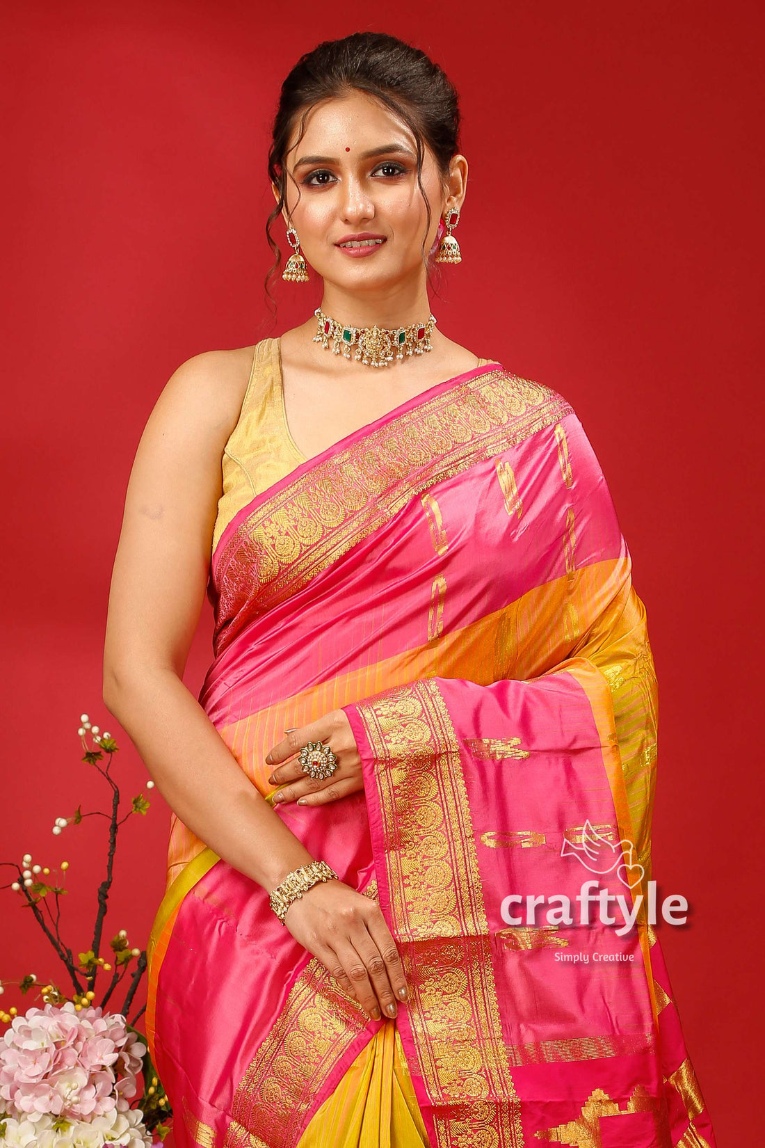 Buddha Gold Pink Kanjivaram Silk Saree - Luxurious Indian Ethnic Wear - Craftyle