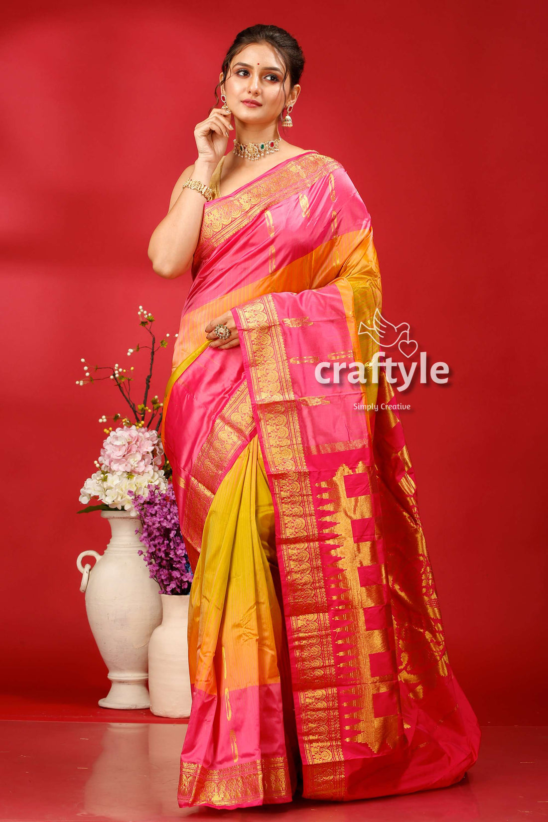 Buddha Gold Pink Kanjivaram Silk Saree - Luxurious Indian Ethnic Wear - Craftyle