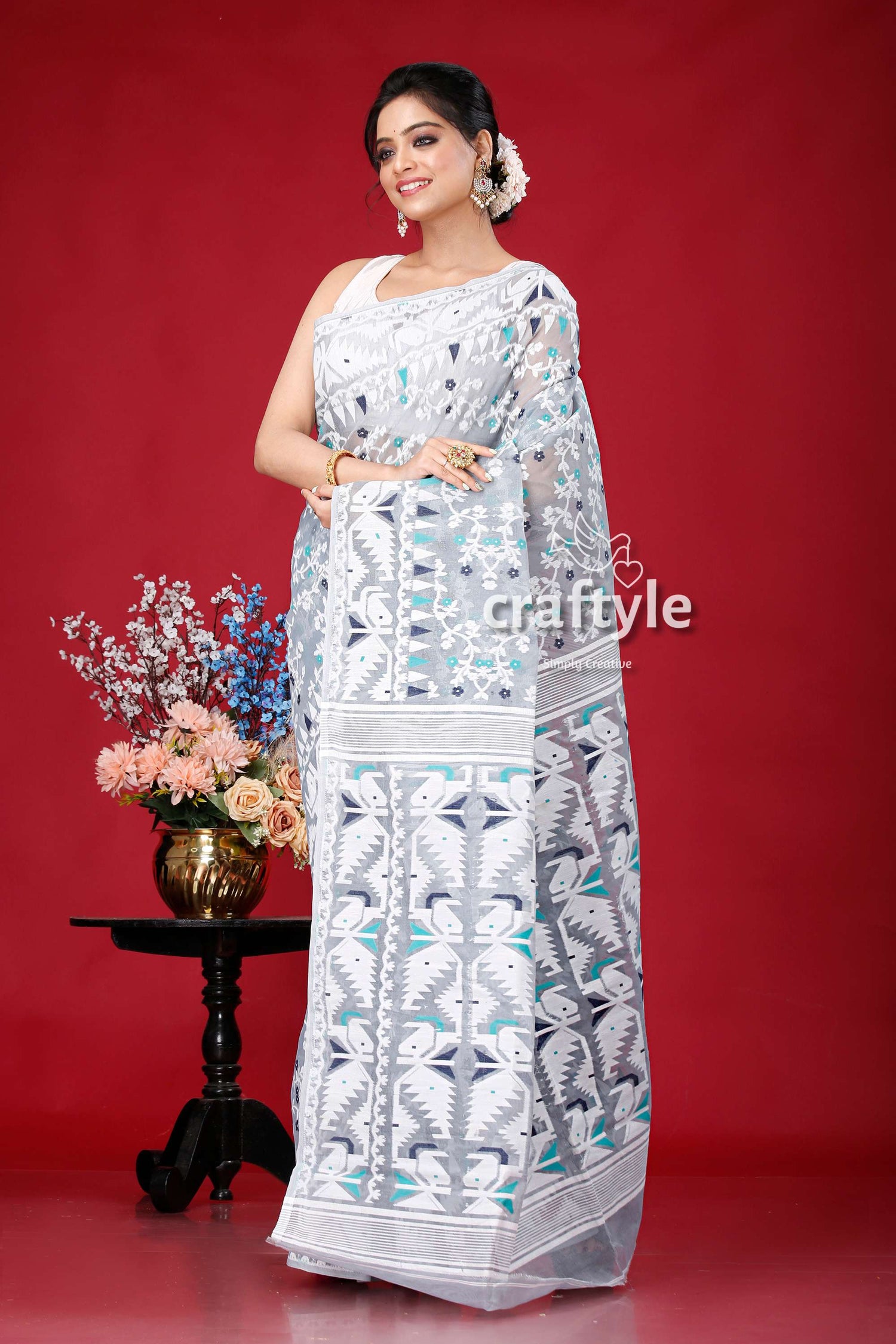 Cadet Grey and White Traditional Dhakai Jamdani Saree - Craftyle