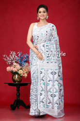 Cadet Grey and White Traditional Dhakai Jamdani Saree - Craftyle