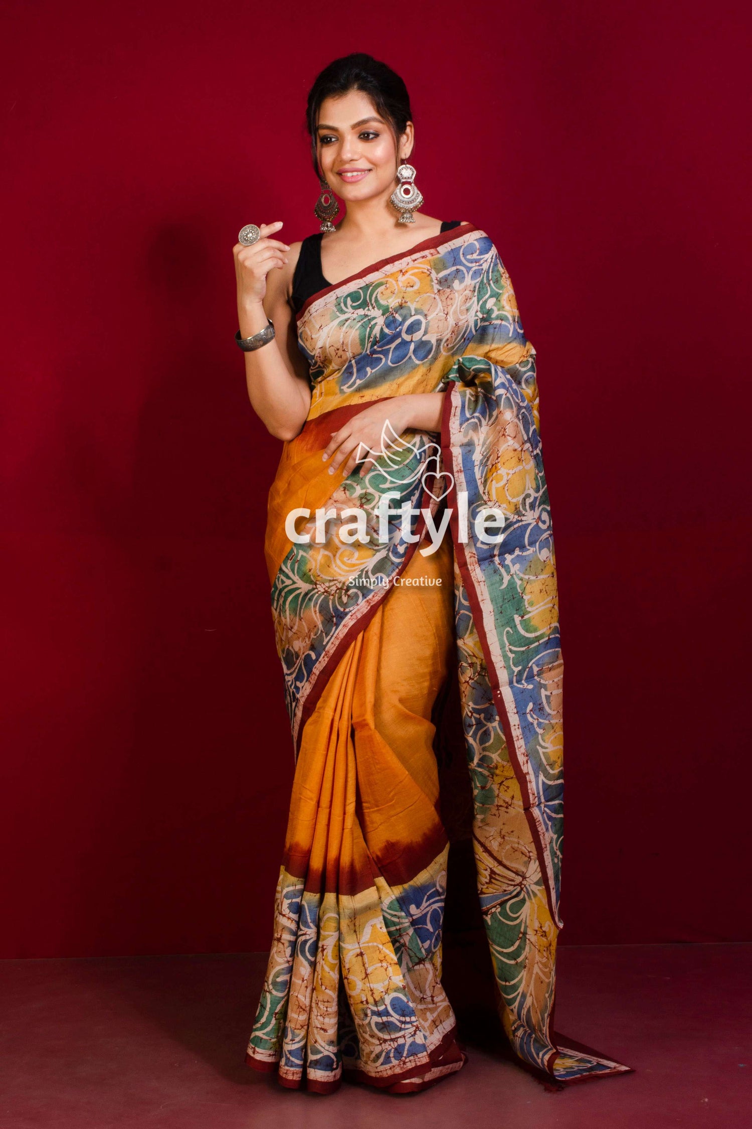 Cadmium Orange Handcrafted Batik Silk Saree - Pure Mulberry Silk - Craftyle