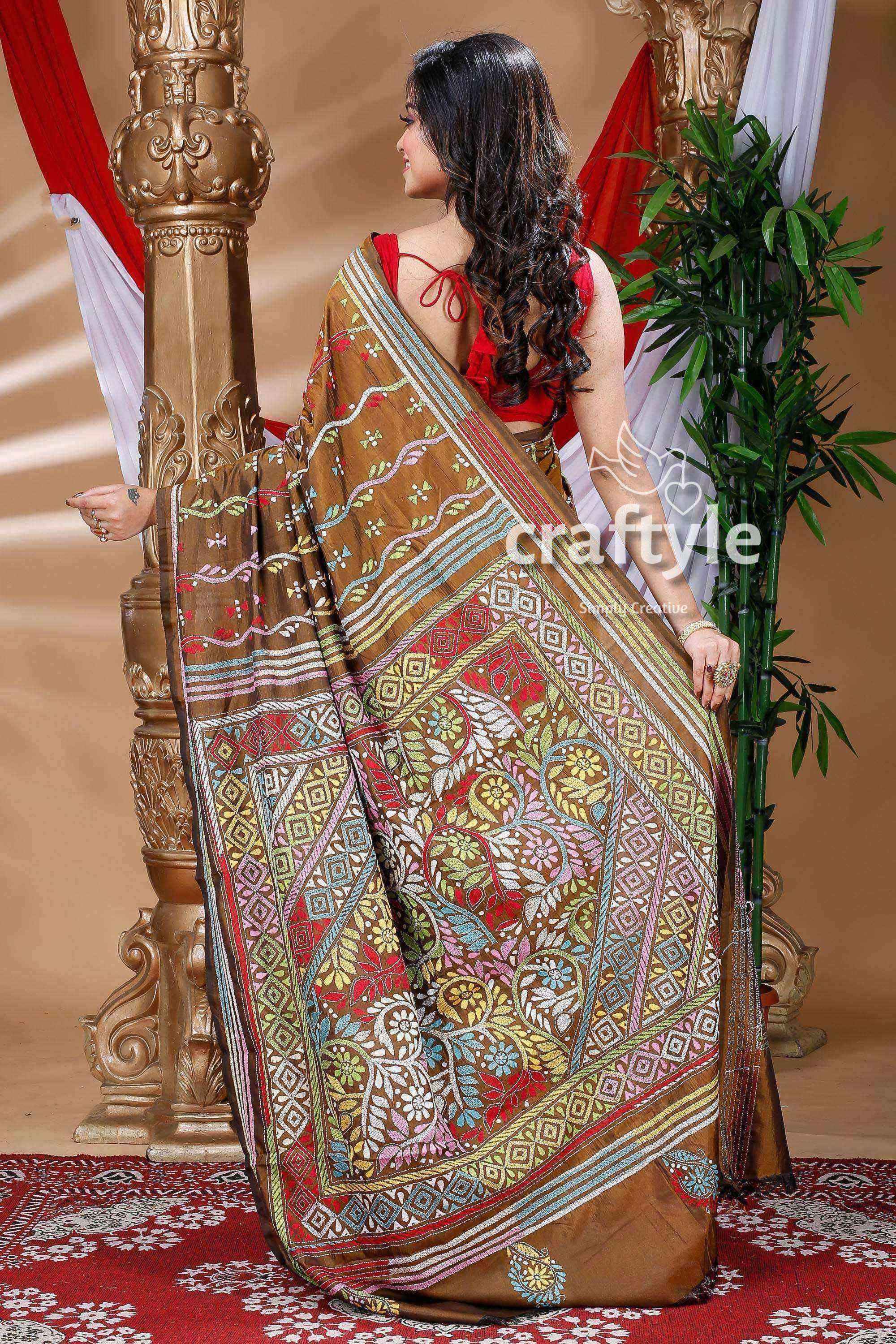 Caramel Brown Exquisite Silk Kantha Embroidery Saree-Craftyle