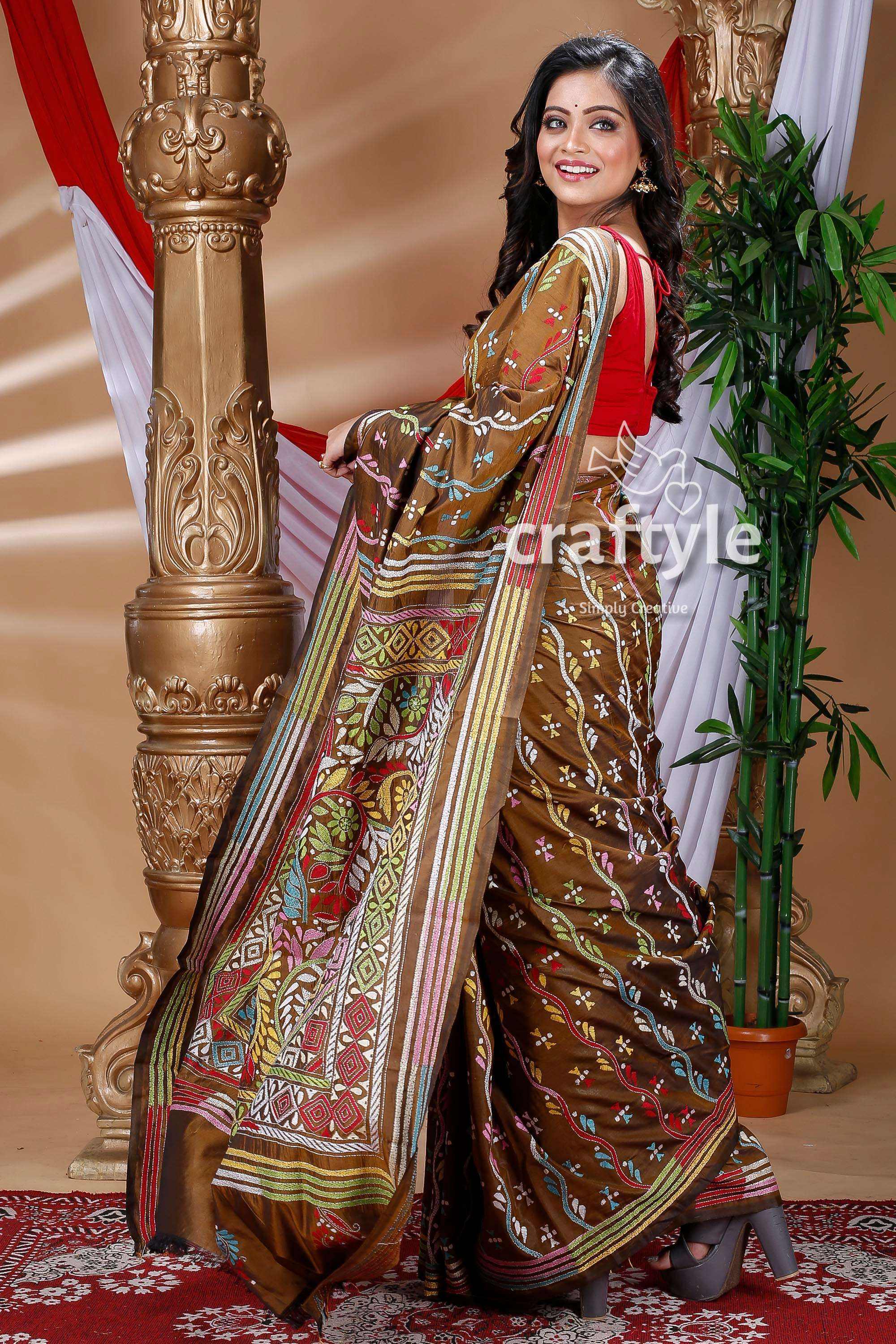 Caramel Brown Exquisite Silk Kantha Embroidery Saree-Craftyle