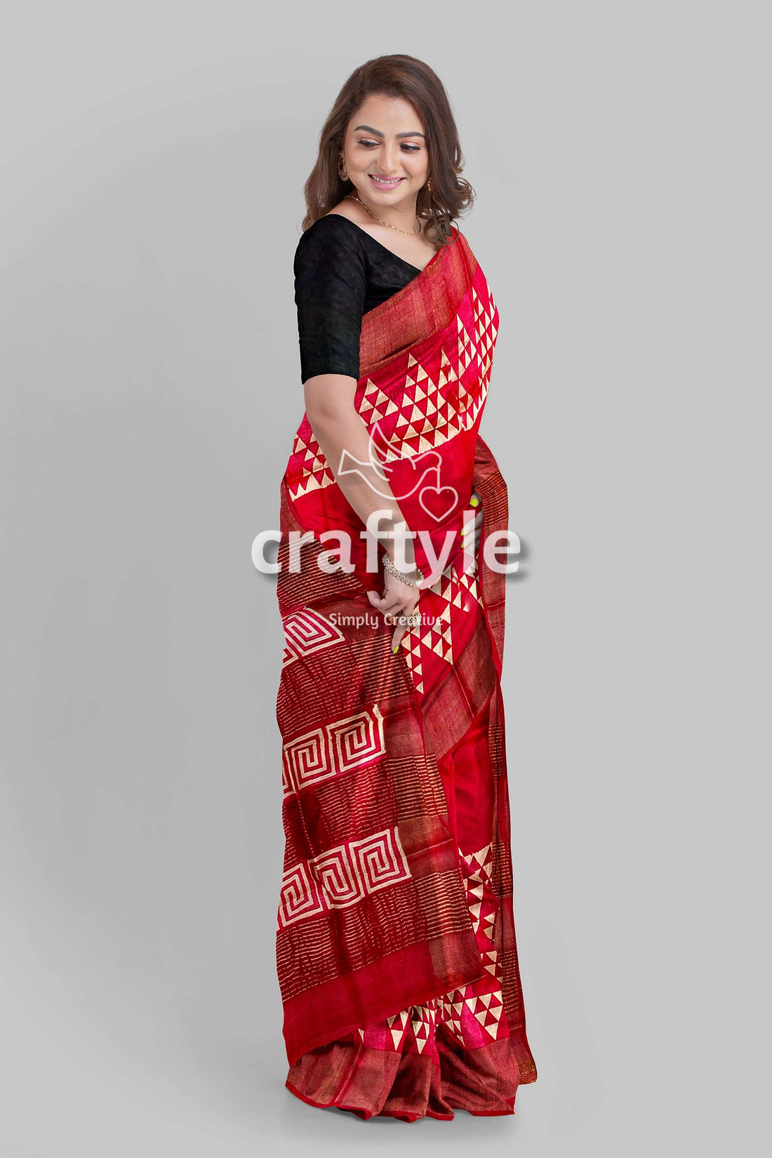 Carnelian Red Hand Block Print Zari Border Pure Tussar Silk Saree - Craftyle