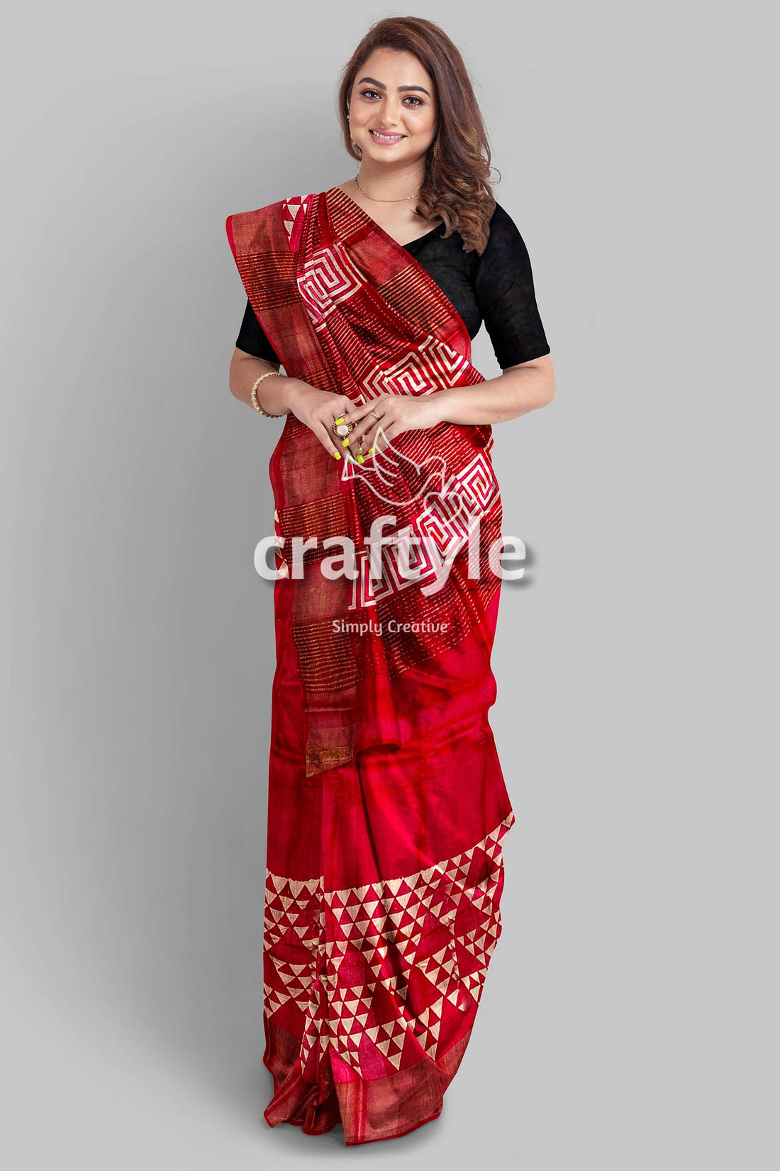 Carnelian Red Hand Block Print Zari Border Pure Tussar Silk Saree - Craftyle