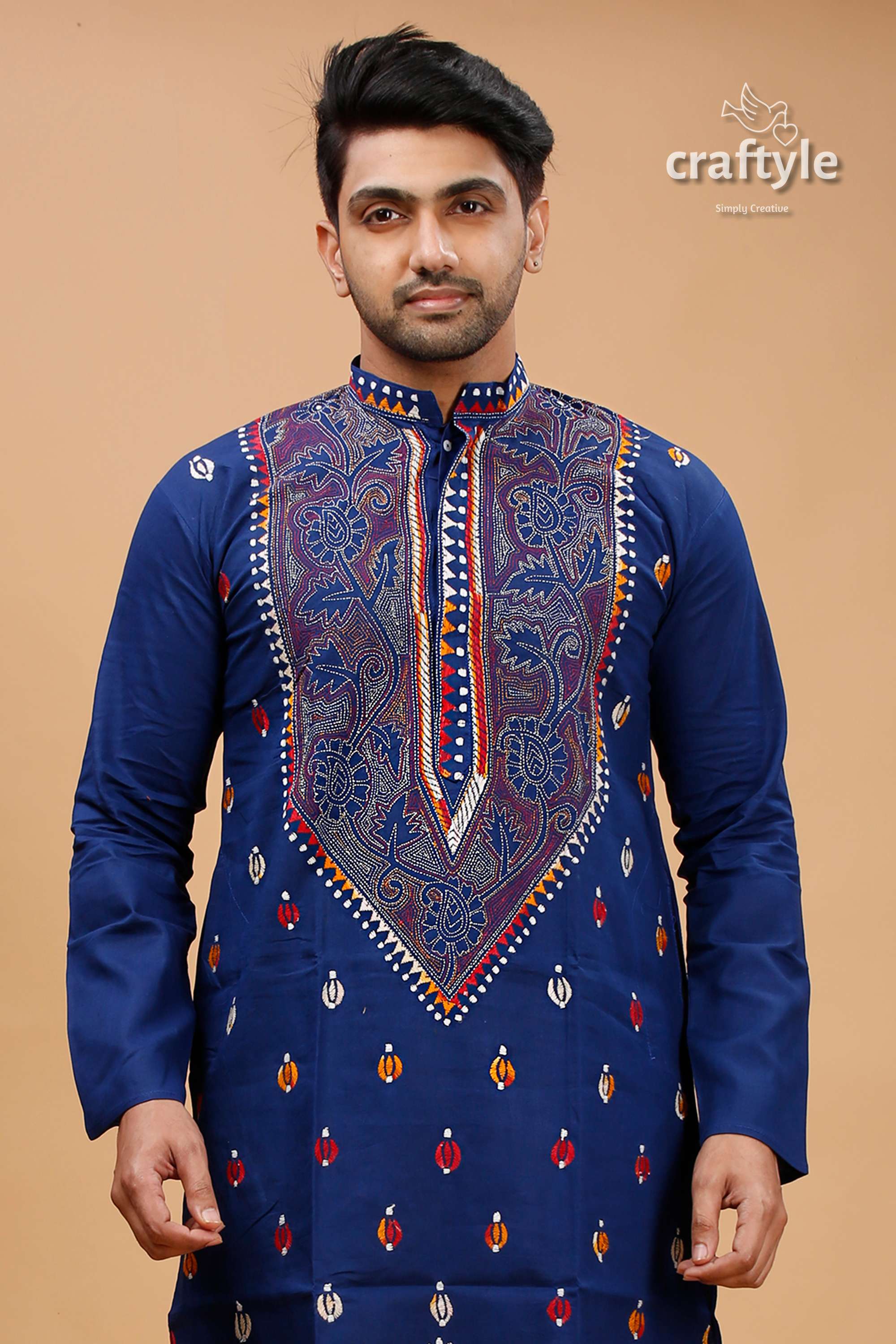 Cataline Blue Multithread Kantha Stitch Cotton Kurta for Men - Craftyle