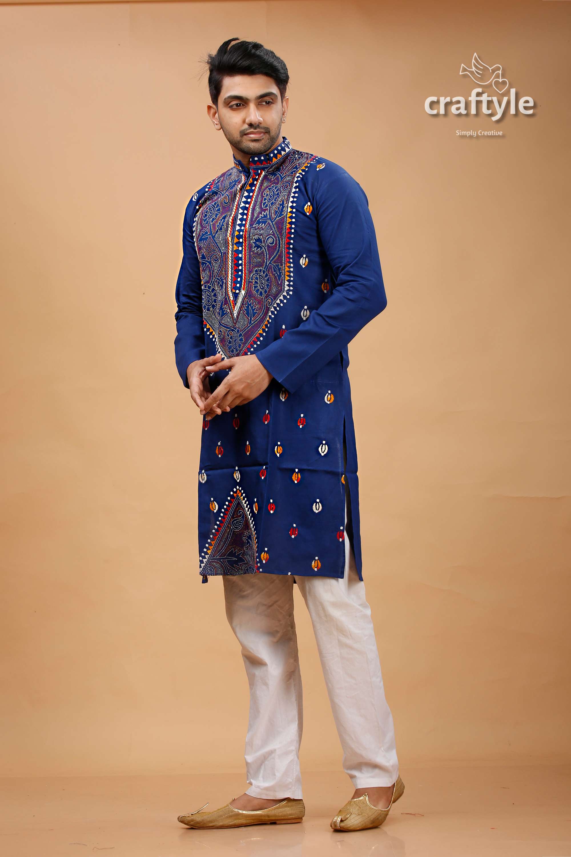 Cataline Blue Multithread Kantha Stitch Cotton Kurta for Men - Craftyle