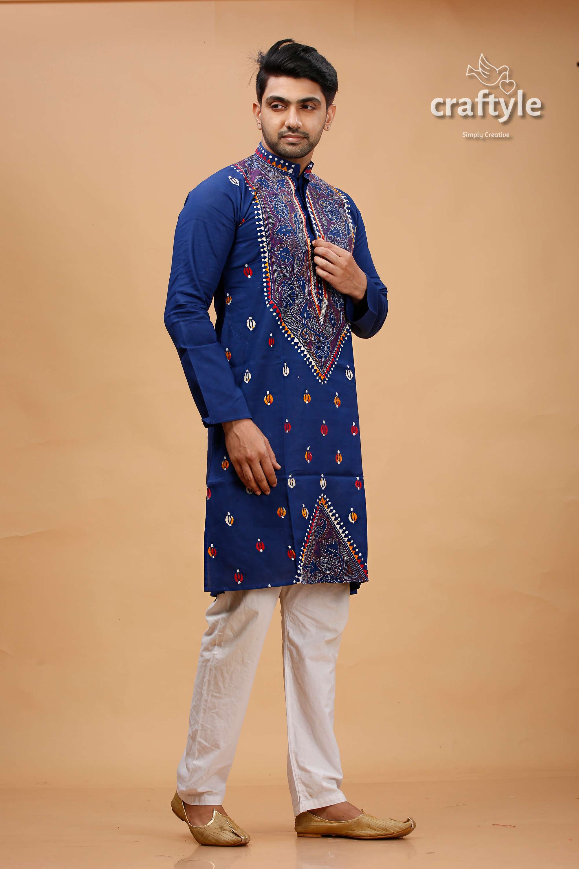 Cataline Blue Multithread Kantha Stitch Cotton Kurta for Men - Craftyle