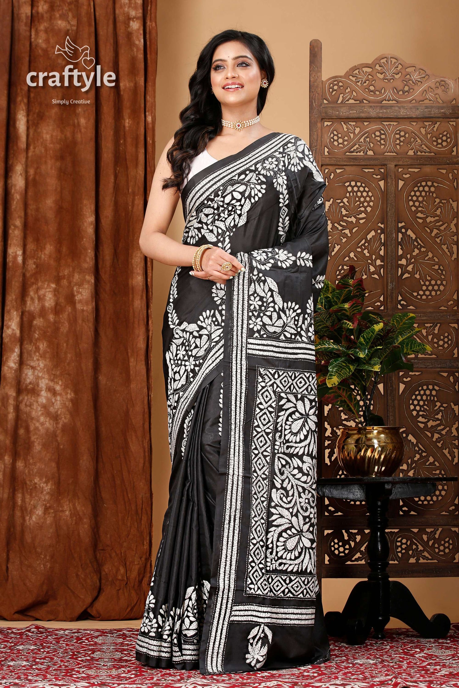 Charcoal Black and White Party Wear Silk Kantha Saree - Craftyle