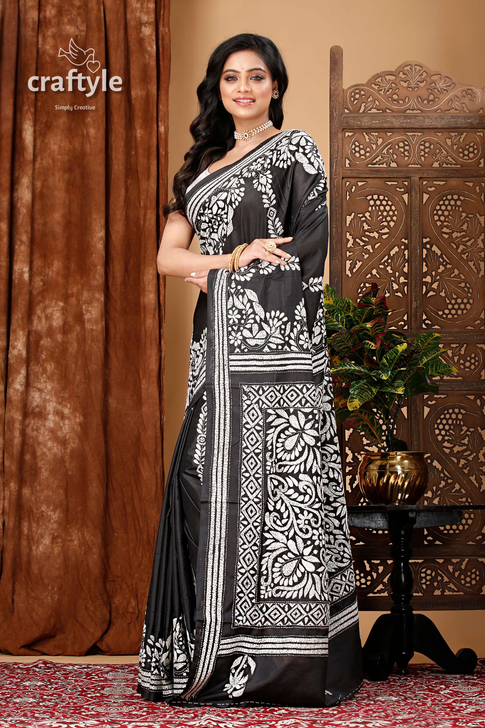 Charcoal Black and White Party Wear Silk Kantha Saree - Craftyle