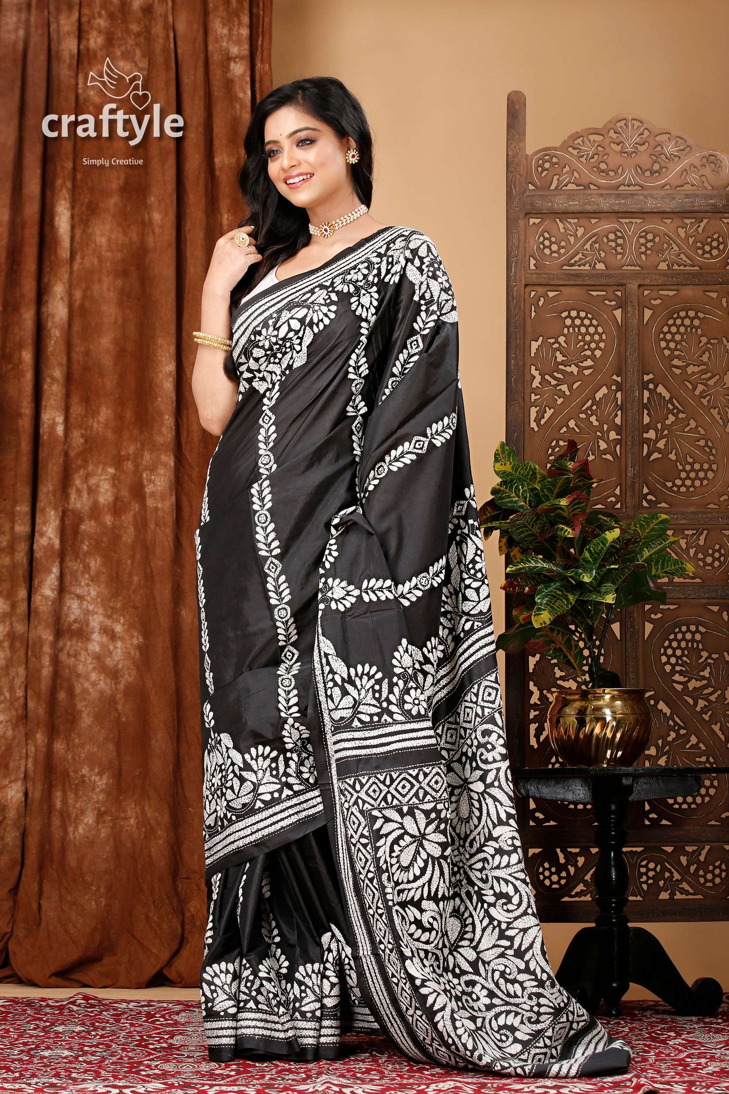 Charcoal Black and White Party Wear Silk Kantha Saree - Craftyle