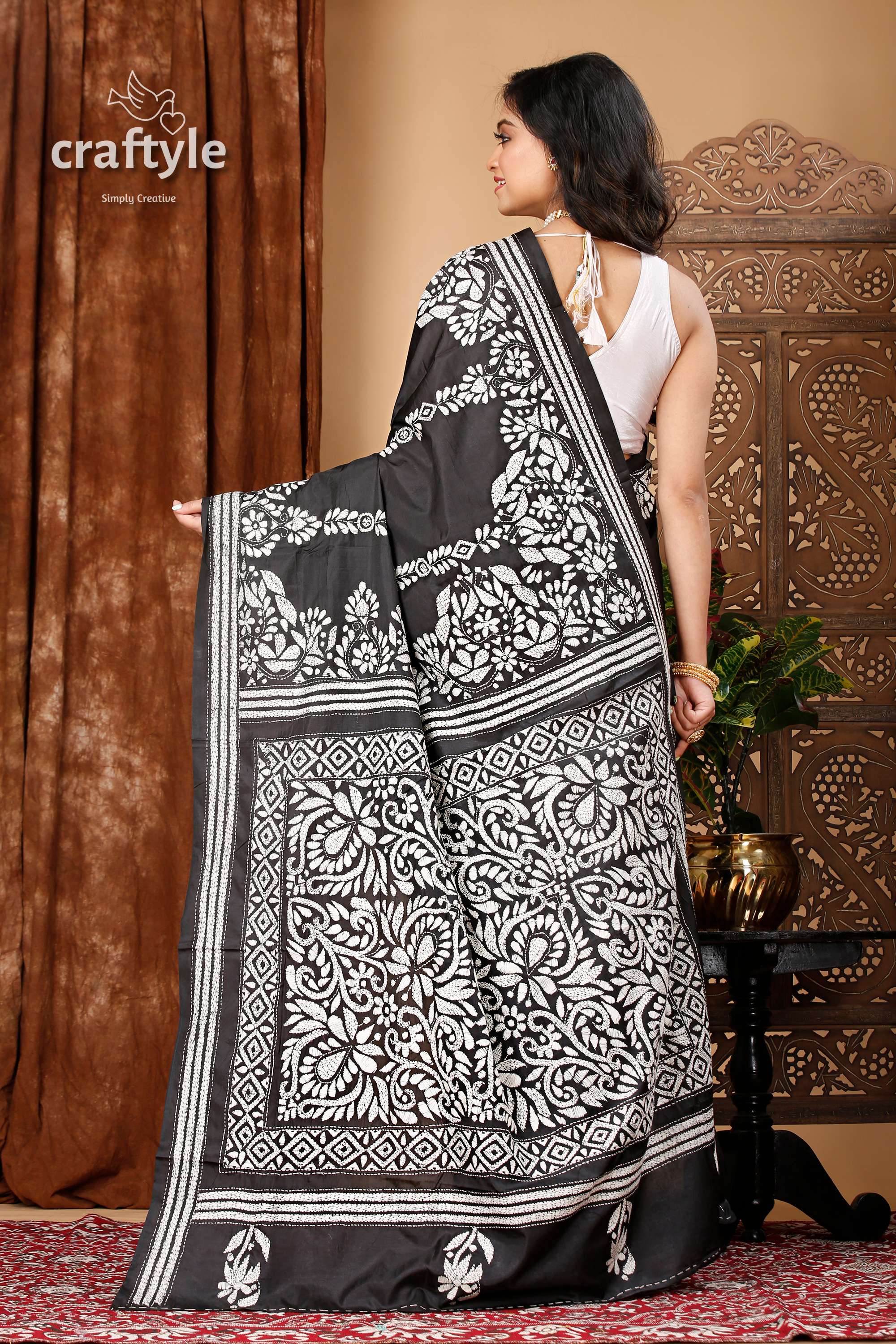 Charcoal Black and White Party Wear Silk Kantha Saree - Craftyle