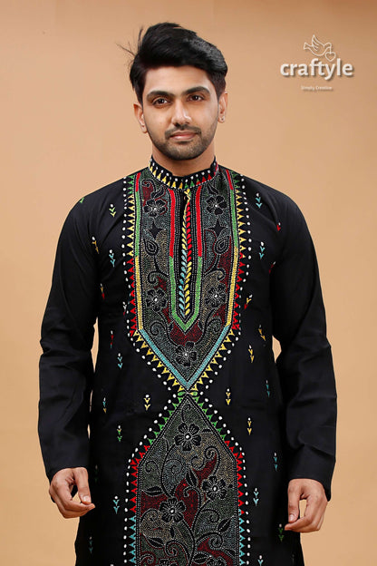 Charcoal Black Multithread Kantha Embroidery Gents Kurta - Craftyle