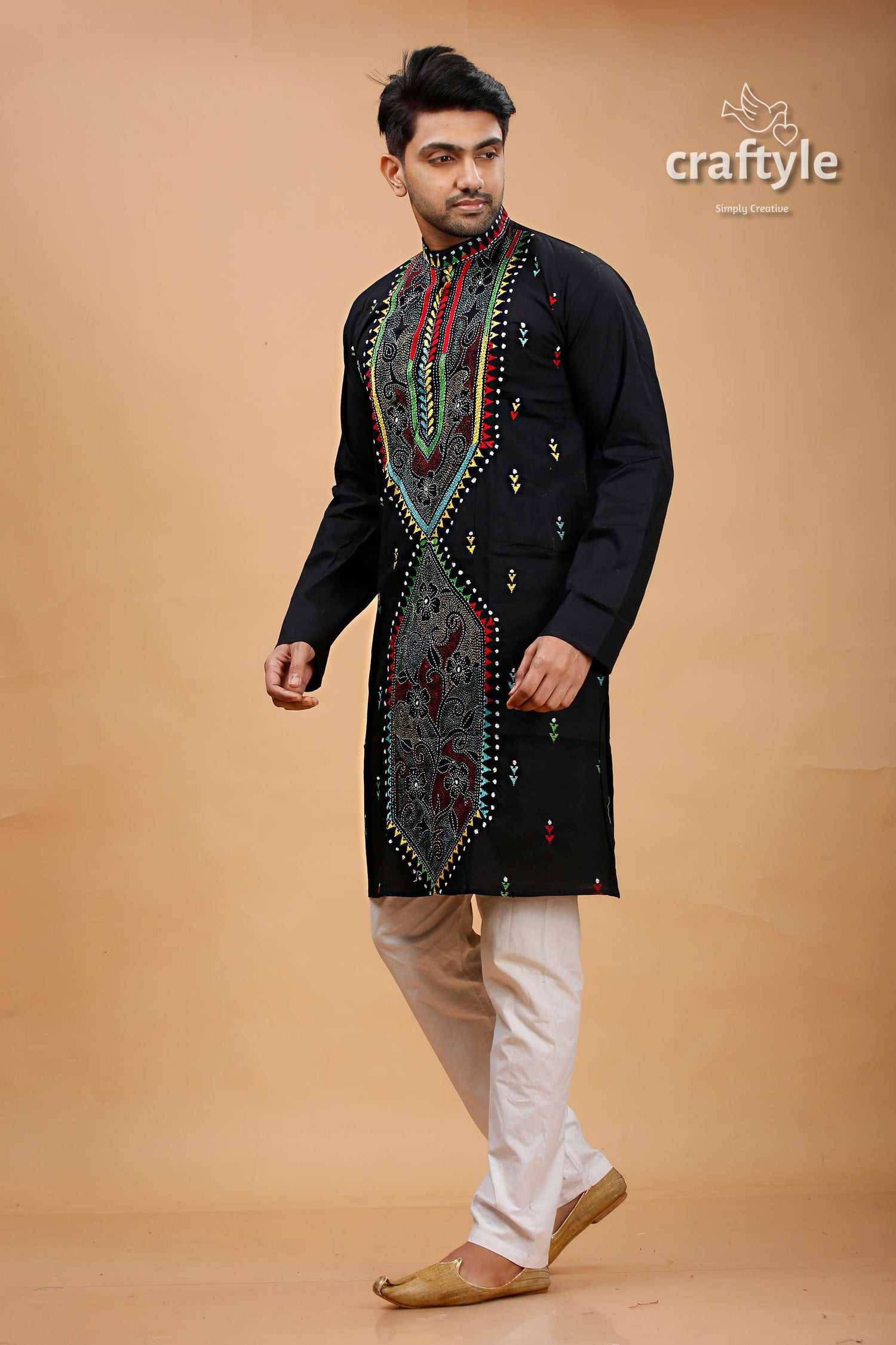 Charcoal Black Multithread Kantha Embroidery Gents Kurta - Craftyle