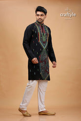 Charcoal Black Multithread Kantha Embroidery Gents Kurta - Craftyle