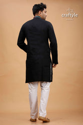 Charcoal Black Multithread Kantha Embroidery Gents Kurta - Craftyle