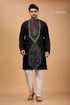 Charcoal Black Multithread Kantha Embroidery Gents Kurta - Craftyle