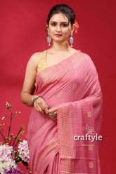 Charm Pink Bhagalpuri Silk Saree with Golden Zari Border - Ghicha Silk - Craftyle