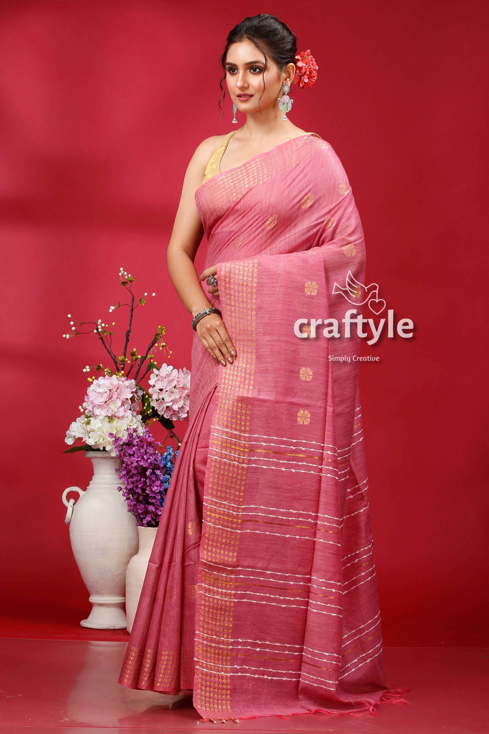 Charm Pink Bhagalpuri Silk Saree with Golden Zari Border - Ghicha Silk - Craftyle